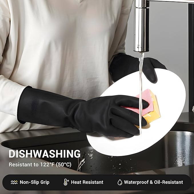 ThxToms 3 Pairs Dishwashing Gloves, Reusable Latex Cleaning Gloves for Housework Kitchen Bathroom, Durable Flexible & Anti-slip, Smooth Lining, Easy On & Off, Large, Black