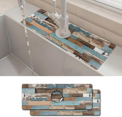 2PCS 15" X 5.5" Kitchen Sink Splash Guard Faucet Mat Wood Grain Super Absorbent Fast Drying Faucet Guard & Draining Mat Sink Splash Guard Behind Faucet for Kitchen, Bathroom