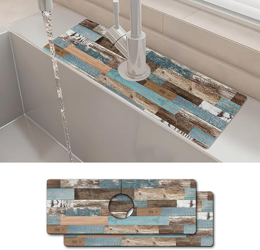 2PCS 15" X 5.5" Kitchen Sink Splash Guard Faucet Mat Wood Grain Super Absorbent Fast Drying Faucet Guard & Draining Mat Sink Splash Guard Behind Faucet for Kitchen, Bathroom