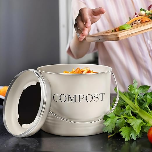 Plexon Countertop Compost Bin Kitchen, Kitchen Compost Bin 1.3 Gallon, Metal Compost Bucket with Lid, Beige
