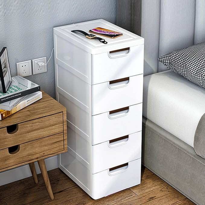 Plastic Drawers Dresser Storage Cabinet with Wheels,5 Drawer Stackable Vertical Clothes Storage Tower,Organizer Unit for Bathroom Entryway Living Room,White