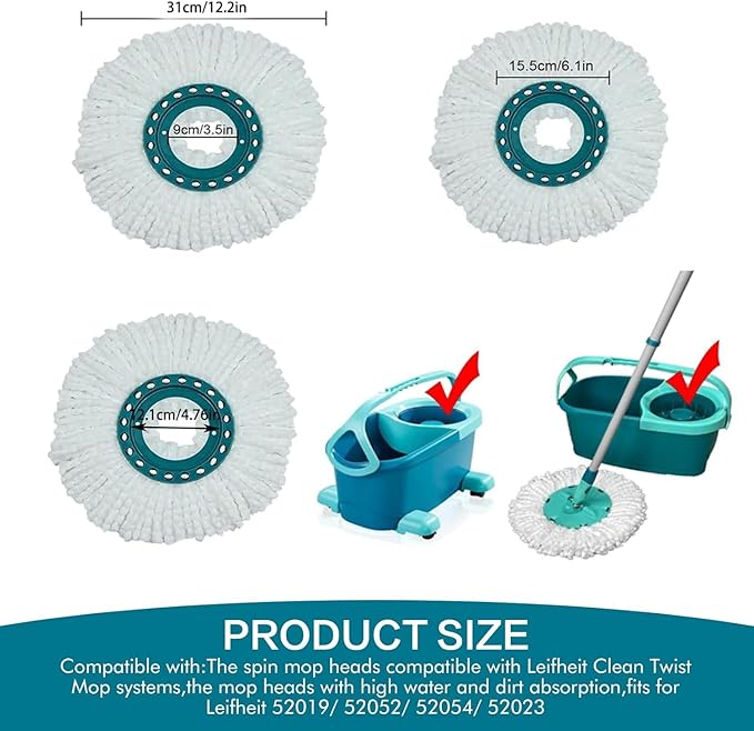 4 Pack Spin Mop Heads Replacement Compatible with Leifheit Clean Twist,Microfiber Head Mops for Leifheit Clean Twist Mop Systems,Dry Wet Clean All Hard-surfaced Floors Machine Washable