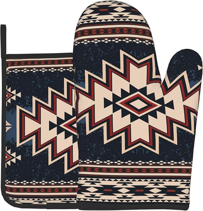 Oven Mitt and Pot Holders Sets - Boho Kitchen Mitts Decorative Tribal Oven Gloves Bohemian Hot Pads Set of 2 for Cooking BBQ Baking Grilling