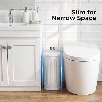 Small White Bathroom Trash Can with Press Top Lid, 1.8 Gallon Stainless Steel Garbage Can with Removable Inner Bucket, Includes 60 Trash Bags for Home Bedroom