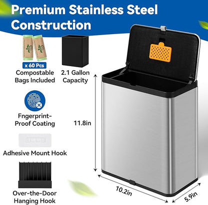 Kitchen Compost Bin with Lid, 2.1 Gallon Stainless Steel Trash Can for Countertop or Under Sink, Hanging Small Kitchen Trash Bin with Removable Inner Bucket, Charcoal Filter for Odor Control
