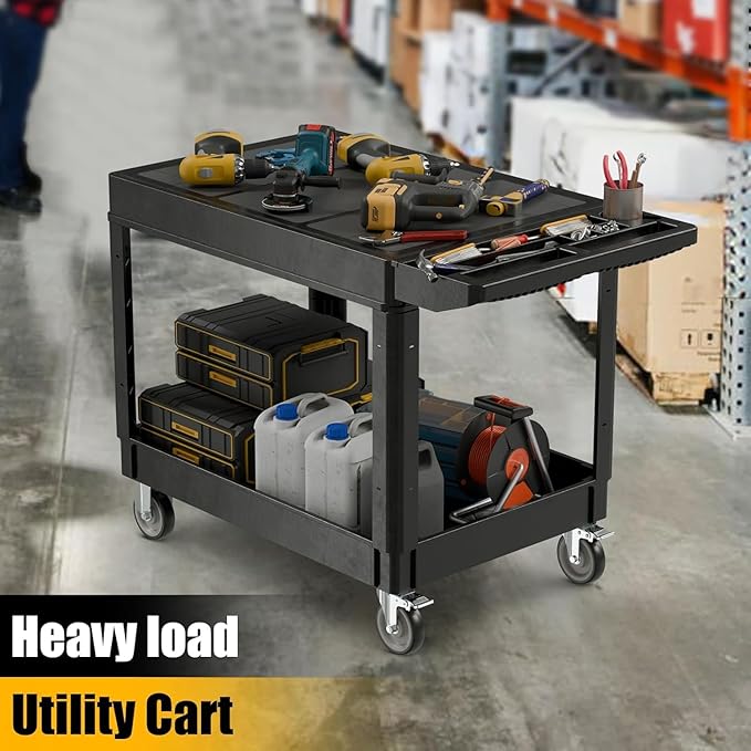 2 Tier Heavy Duty Utility Cart with Wheels, 1000 lbs Capacity Flat Top Plastic Rolling Tool Cart with Lipped Shelves, 46 x 26-Inch Mechanic Work Cart for Warehouse, Garage, Cleaning, Black