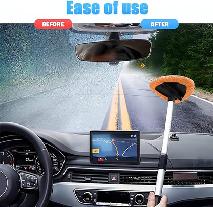 Windshield Cleaning Tool, Car Window Cleaner with Extendable Long Handle and 4 Washable Reusable Microfiber Pads, Auto Interior Exterior Glass Wiper Cleaning Kit Universal for Office and Home (Orange)