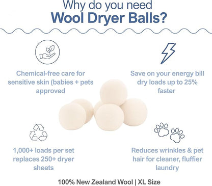 Premium Wool Dryer Balls – XL 6-Pack, 100% New Zealand Wool, Organic & Reusable, Natural Fabric Softener Alternative, Reduces Static, Wrinkles & Drying Time