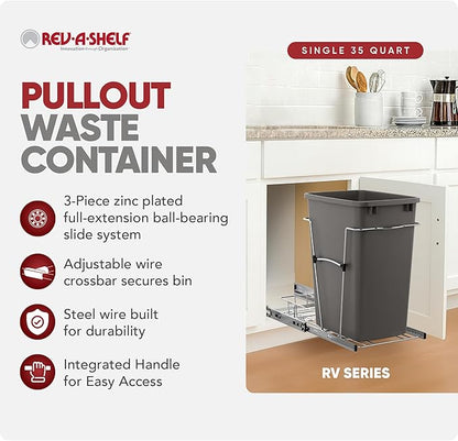 Rev-A-Shelf Single 35 Qt Pullout Trash Can for Base Kitchen Cabinets, Garbage Waste Bin System with Full Extension Slides, Min Opening Width of 11.5", Orion Gray, RV-12KD-13C-S