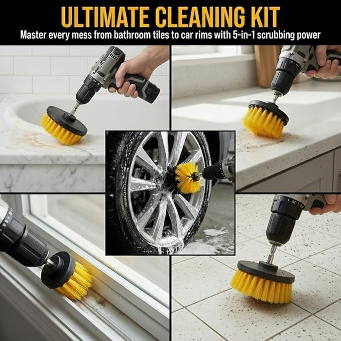 Drill Brush Attachment Set, 5 Pack Power Scrubber Cleaning Brush Kit with Extension Rod for Bathroom, Tub, Tile, Grout, Kitchen, Floor and Wheel Rims (Yellow)