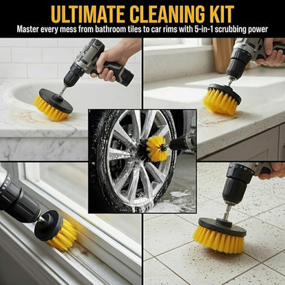 Drill Brush Attachment Set, 5 Pack Power Scrubber Cleaning Brush Kit with Extension Rod for Bathroom, Tub, Tile, Grout, Kitchen, Floor and Wheel Rims (Yellow)
