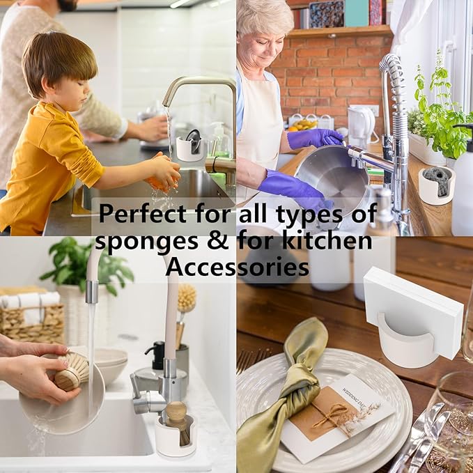 Kitchen Sponge Holder for Sink, Diatomite Standing Dish Sponge Holder Cup, Ceramic Fast Drying Stone Sink Caddy Kitchen Sink Organizer for Kitchen Counter Dish Small Sink Caddy, Beige