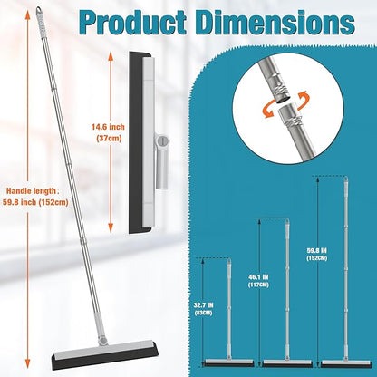 KOLLIEE Floor Squeegee 59" Adjustable Long Handle Professional with Hook Water Squeegee Foam Blade for Concrete Floor Tile Pet Hair Floor Wiper Grey