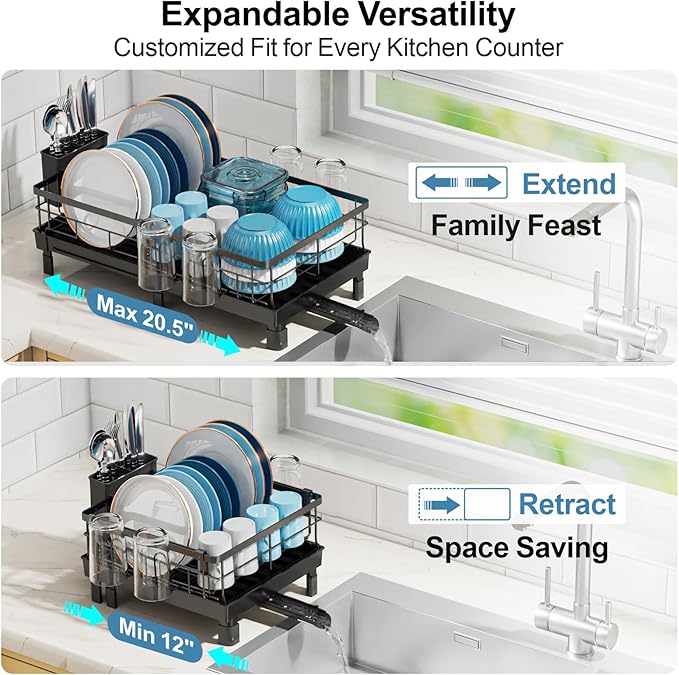 GSlife Expandable Dish Drying Rack for Kitchen Counter, 12-20.5 Inch Compact Dish Rack with Drainboard, Swivel Spout, Cup & Utensil Holder, Rust-Resistant Dish Drainer for Small Kitchen, RV, Black