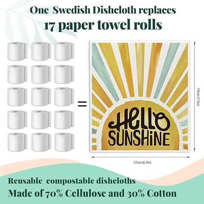 Bee Hello Sunshine Cute Swedish Dishcloths for Kitchen, 4 Pack Summer Gifts Swedish Dish Cloths Towels for Kitchen Bathroom Office Housewarming Gifts, Papaya Reusable Paper Towels Washable