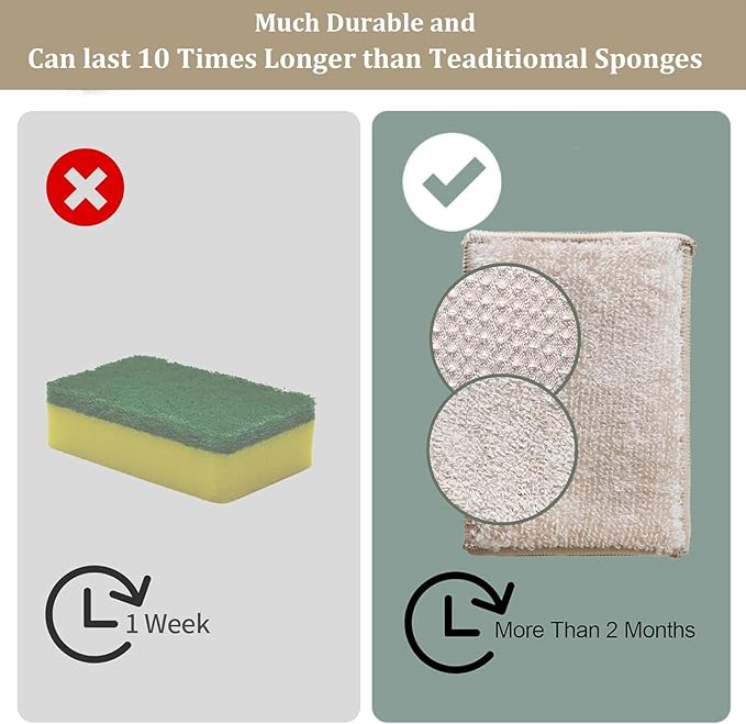 Bamboo Dish Sponge Natural Kitchen Scrub Sponges-Beige,12 Pack