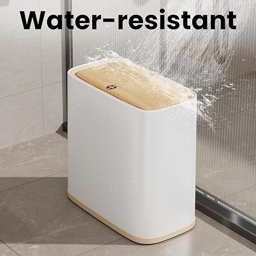 Bathroom Trash Can with Lid and Wheels, 10L/2.6 Gal Small Slim Garbage Can, Air-Press Bag Expander, Odor & Pet Proof, Wood Grain Press Lid, White Wastebasket for Bedroom, Office, Living Room