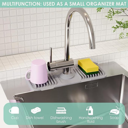 24 Inch Silicone Faucet Mat for Kitchen Sink Splash Guard - 7° Slope Water Draining Mat With Fasten Button for Bathroom Area (Gray, 14.6''x5.5'')