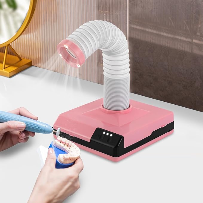 Nail Dust Collector, 2 in 1 Powerful Mini Desktop Vacuum Cleaner with Fan & LED Light, 60W Manicure Dentist Polishing Dust Suction Machine with Large Caliber Hose for Dental Lab Nail Salon (Pink)