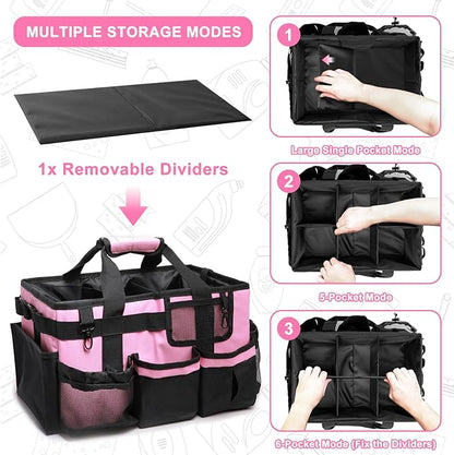 14 inch Large Cleaning Supplies Organizer, Pink Tool Bag with Handle & Adjustable Shoulder Straps, Cleaning Bags for Housekeepers, Cleaners, Cleaning Supply Caddy