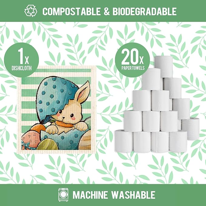Easter Bunny Gnome Swedish Dishcloths Reusable Sustainable Biodegradable Cellulose Sponge Cleaning Cloths for Kitchen Dish Rags Paper Towel Replacement