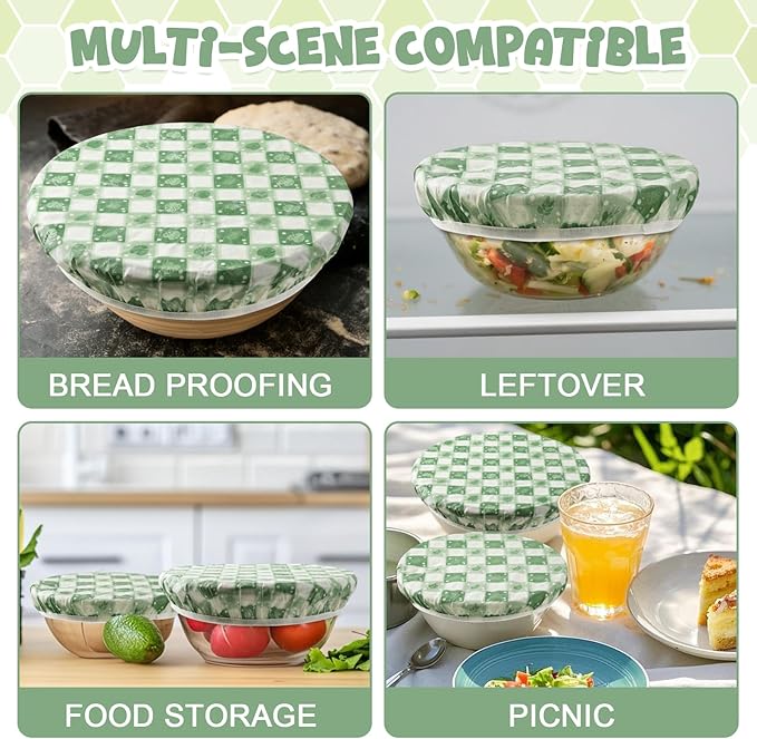 2-Pack Reusable Beeswax Bowl Covers with Green Leaf Pattern, 10/12 Inch Elastic Cotton Food Storage Covers for Bread Proofing, Sourdough Dough & Kitchen Containers