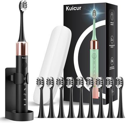 Kuicur Sonic Electric Toothbrush for Adults and Kids, Comes with 10 Brush Heads & Travel Case, 5 Modes with 2 Minutes Built in Smart Timer, One Charge for 90 Days, 42,000 VPM Motor (Black)