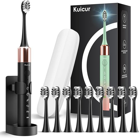 Kuicur Sonic Electric Toothbrush for Adults and Kids, Comes with 10 Brush Heads & Travel Case, 5 Modes with 2 Minutes Built in Smart Timer, One Charge for 90 Days, 42,000 VPM Motor (Black)