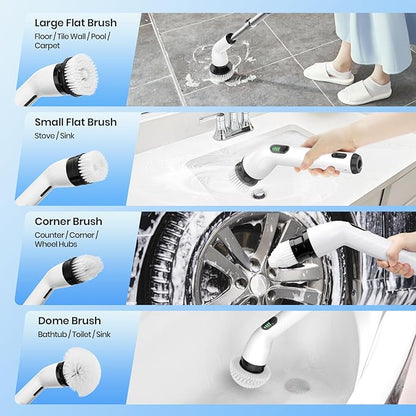 Keimi Electric Spin Scrubber, Full-Body IPX7 Waterproof Cordless Shower Scrubber with 4 Replaceable Heads, Upgraded Extension Handle, 2H Work Time, 2 Speeds for Bathroom Shower Tile Glass