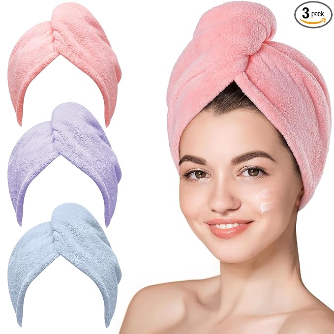 Hicober Microfiber Hair Towel, 3 Packs Hair Turbans for Wet Hair, Drying Hair Wrap Towels for Curly Hair Women Anti Frizz (Pink,Blue,Purple)