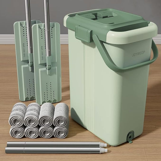 JOYMOOP Mop and Bucket Set for Household and Commercial Cleaning, Flat Mop System with 2 Mops and 8 Large Microfiber Pads for Floors and Walls