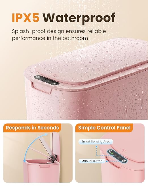 Cesun Motion Sensor Trash Can, 5 Gallon Automatic Bathroom Garbage Can with Lid, Touchless Smart Plastic Slim Wastebasket for Bathroom, Office, rv, Bedroom, Living Room, Pink
