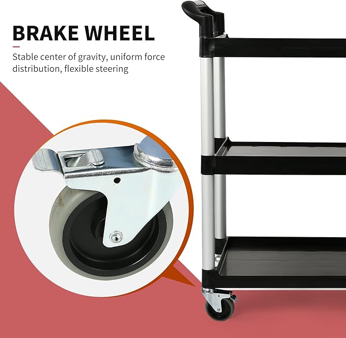 3-Tier Utility Rolling Cart with Wheels, Durable Catering carts with Wheels, Rolling Storage Cart for Hotel Canteen Resturant Office (Black, 31.4" D x 16.5" W x 37.7" H)