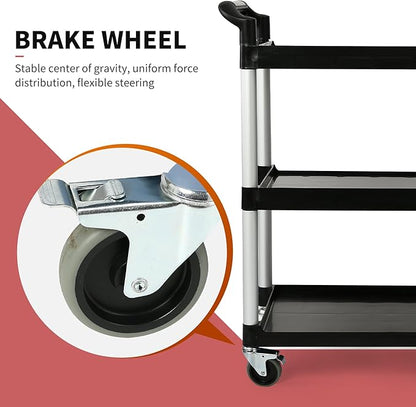 3-Tier Utility Rolling Cart with Wheels, Durable Catering carts with Wheels, Rolling Storage Cart for Hotel Canteen Resturant Office (Black, 31.4" D x 16.5" W x 37.7" H)