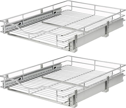 DINDON Pull Out Cabinet Organizer, (20" W x 21" D) Heavy-Duty Metal Sliding Drawer Shelf, Bathroom Under Sink Kitchen Cabinets Organizer and Storage Slide Out Shelves, Chrome, 1 Tier, 2 Pack