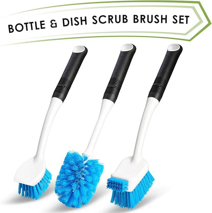 MOSOLAN Dish Brush Set of 3 with Water Bottle Brush, Dish Scrub Brush and Scrubber Brush, Long Handle Kitchen Scrub Brushes for Dishes, Bottles, Cups, Pots, Pans and Sinks, Round Head