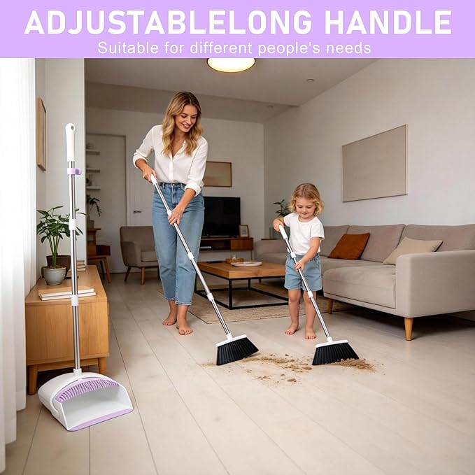 Broom with Dustpan Combo Set for Home, 52-in Long Adjustable Handle Angle Broom and Dustpan Set with Dustpan Comb Teeth for Sweeping Pet Hair Food Dirt Kitchen