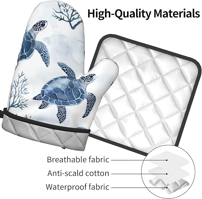 Nautical Oven Mitts for Women - 2 PCS Coastal Oven Gloves Summer Kitchen Mitts Beach Seashell Potholders for Baking and Cooking