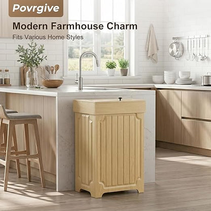 Povrgive Wood Trash Can Cabinet, 13 Gallon Hidden Kitchen Garbage Can with Lid, Farmhouse Dog Proof Trash Can, Metal Ring Included, 16" L x 13" W x 26.5" H, Wood
