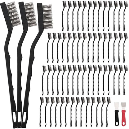 60 PCS Mini Wire Brush Stainless Steel Brush Set，Masonry Brush Wire Bristle for Cleaning Welding Slag and Rust，Curved Handle Brush (Stainless Steel, 60)