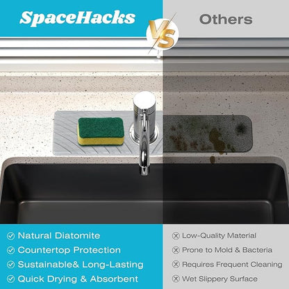 SpaceHacks Stone Faucet Mat for Kitchen Sink - Fast Drying Diatomite Stone Drying Mat, Textured Drainage Sink Protector, Water Splash Guard with Base Pads for Bathroom Counter (15.7x4 in, Light Gray)