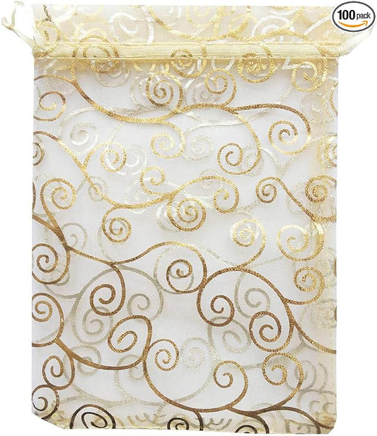 100 Pcs 5x7 inch Gift Wrap Bags Gold Rattan, Organza Sheer Clear Tulle Fabric, Drawstring Mesh Bags for Baby Shower Favor, Jewelry, Birthday Party Favor,Sachet,Christmas Favour,Craft Business,Jewelery