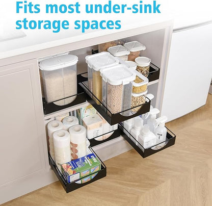 Under Sink Pull Out Organizer, Single-Tier Metal Drawer Slide Out Storage Shelf, No-Drill Nano Adhesive Installation, Fits 16"+ Deep Cabinets for Kitchen Bathroom Pantry Storage