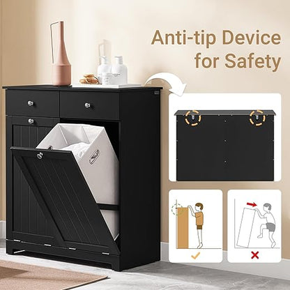 Double Tilt Out Trash Can Cabinet – Hidden Wooden Kitchen Trash Bin Cabinet with 2x10 Gallon Garbage Can, Pet Proof Tilt Out Garbage Holder, Storage Cabinet for Trash in Kitchens, Black, BZR33
