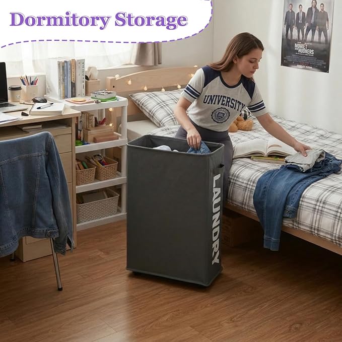 42L Narrow Rolling Laundry Basket, Slim Laundry Hamper with Wheels and Brake, Collapsible Skinny Laundry Cart for Dorm and Small Spaces, Dark Gray
