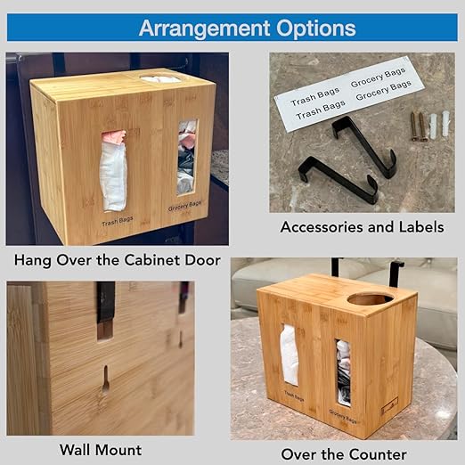 Grocery Bag Holder & Trash Bag Dispenser, Large 2-in-1, Extra Depth Fits 13 Gallon Rolls, Under Sink, Wall Mounted, Pantry, Bamboo