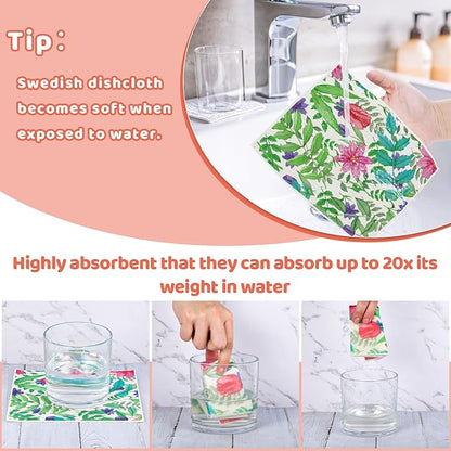 Needbrock 6 Pack Spring Floral Swedish Dishcloths for Kitchen, Swedish Rag Absorbent Dish Towel with Adhesive Clips, Reusable Paper Towels No Odor for Countertop Dishes Cleaning Kitchen