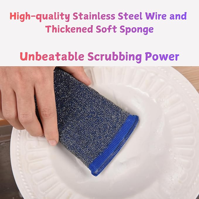 Kitchen Dish Sponges Steel Scrubbers - 6 Pack Multicolored Non Scratch Heavy Duty Scrub Sponges，Reusable Multipurpose Metal Cleans for Washing Dishes，Pots and Pans，Household Cleaning，Bathroom