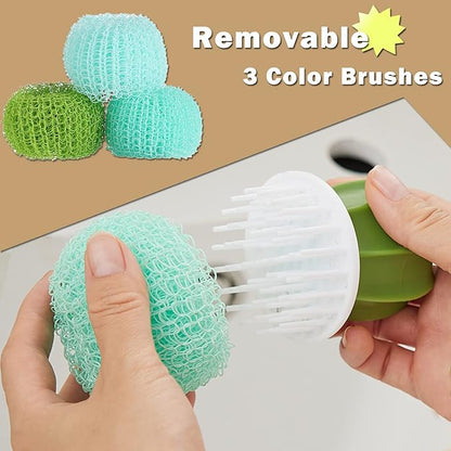Cactus Mini Dish Brush Set with Drip Tray (3 Replacement Brushes), Durable Kitchen Cleaning Scrubbers for Plates, Pans, Pots, Sink (Green)