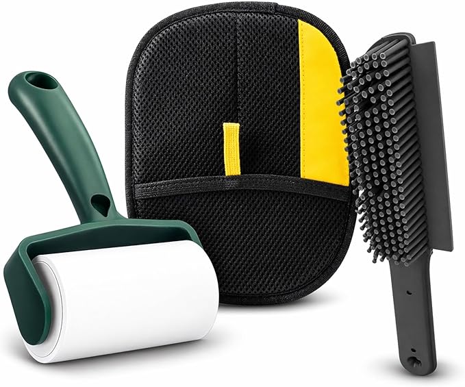 Pet Hair Remover Kit – 3 Piece Dog & Cat Hair Cleaning Set – Reusable Fur Removal Glove, Rubber Brush & Lint Roller – Removes Hair from Furniture, Couch, Carpet, Clothes & Car